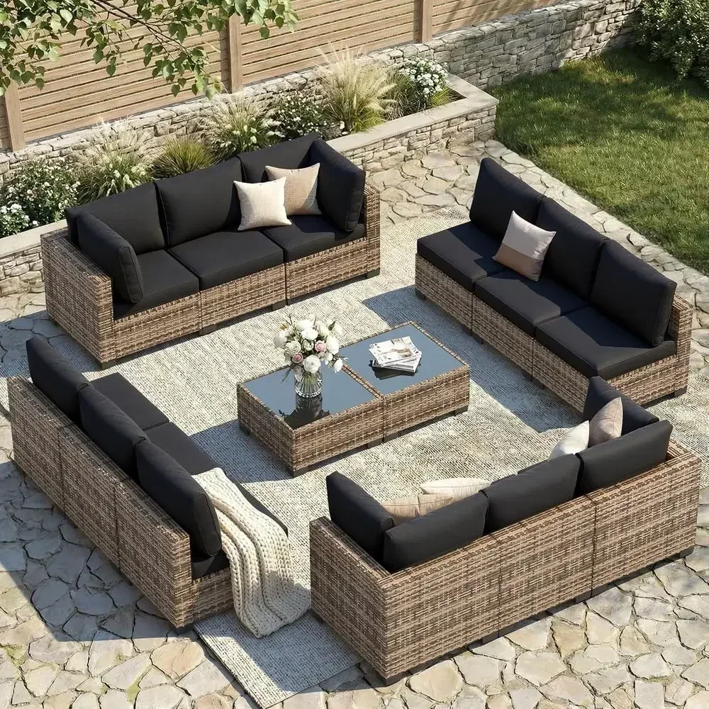 14-Piece Wicker Sectional Patio Sofa Set with Cushions and Glass Coffee Table - Yellow/Black for Outdoor Spaces