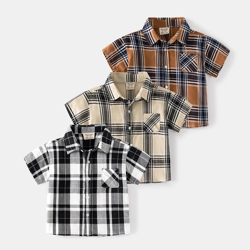 Boys Lapel Plaid Short-sleeved Shirt Summer Cool Breathable Shirt Boys Leisure Shirt