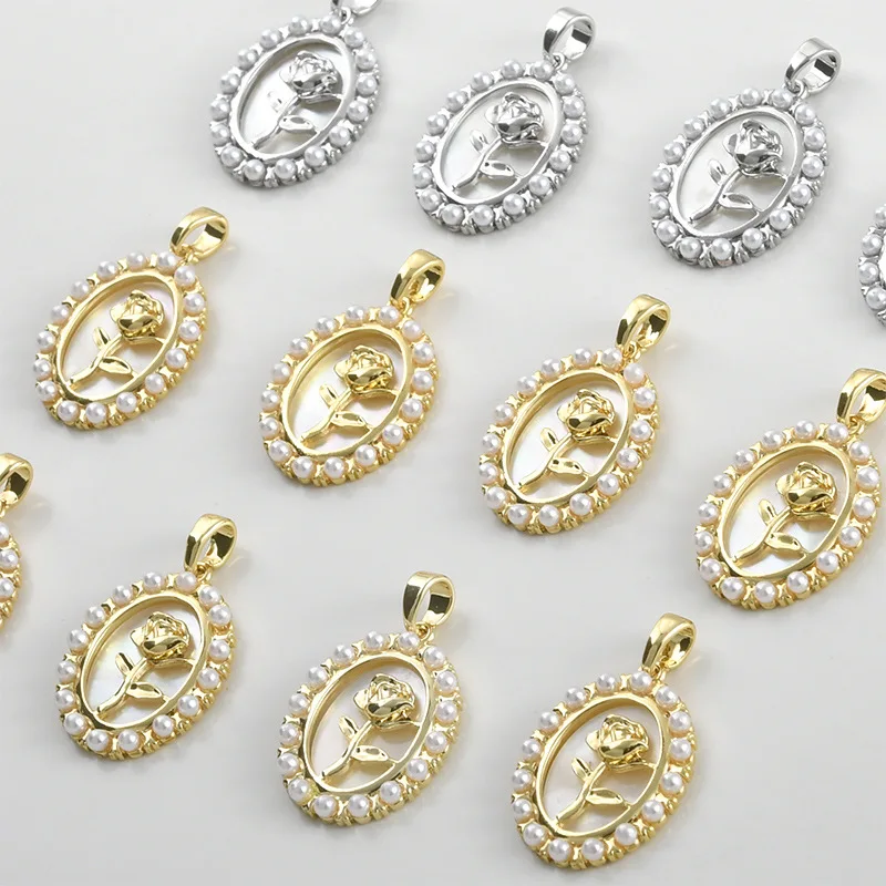 14k Gold Bag Color-preserving Natural Fritillary Pearl Oval Rose Pendant DIY Handmade Bracelet Necklace Jewelry Accessories