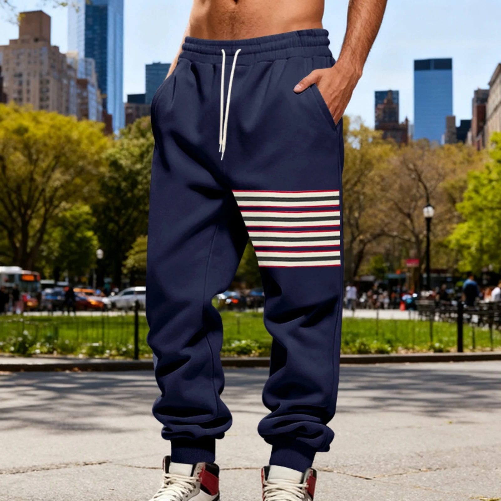 

Loose Leg Sports Sweatpants Three Color Striped Thick Pants Men'S Outdoor Casual Pants Winter Outdoor Warm Leggings