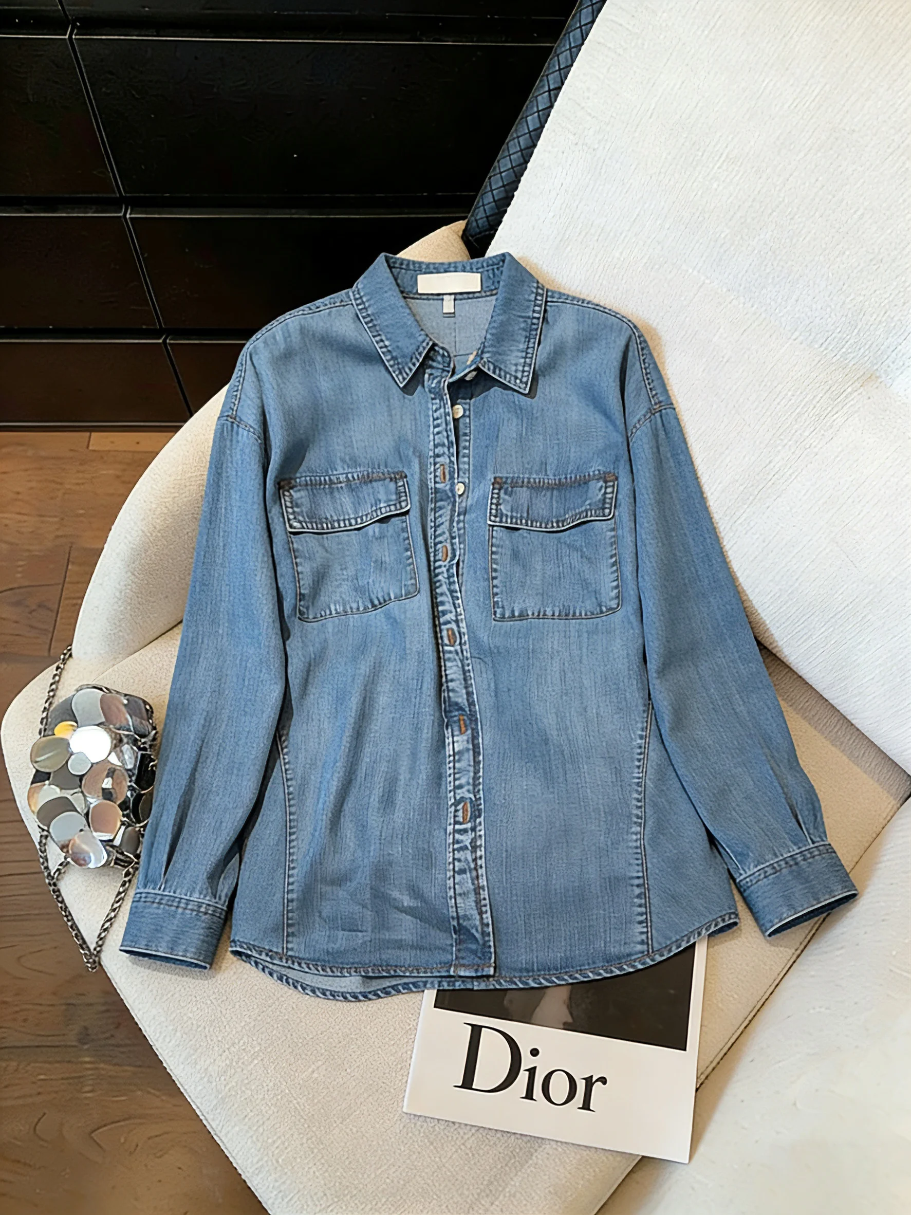 

Retro Waed Loose Collar Denim irt Women's Casual Sle Long Sve Slimming Versatile Top Faionable Spring Autumn Wear