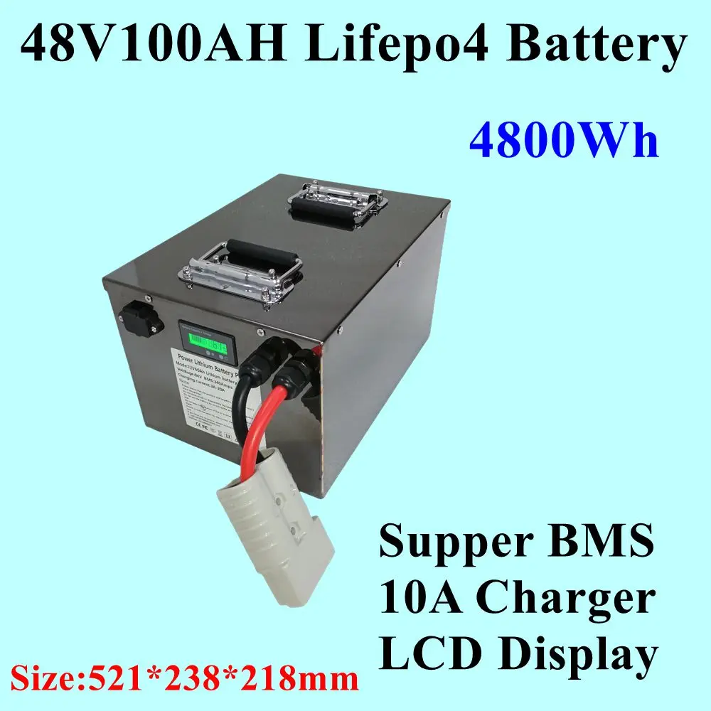16S Batterie Lifepo4 avec BMS 48V 100Ah, pour machine agricole 7000W, tricycle, moto, voiture, scooter, Golf Car + 10A Charger