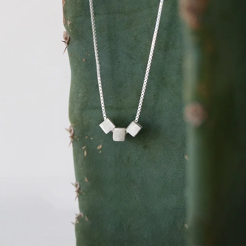 Minimalist 925 Sterling Silver 3 Small Cube Pendant Necklace for Women Girl High Quality Collar Chain Jewelry Gift Colorfast