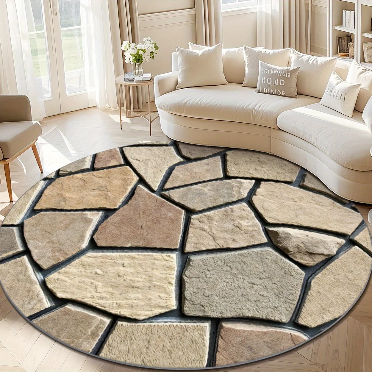 Imitation Irregular Stone Slab Round Rug  Natural Rock Texture Circular Mat Non Slip Living Room Sofa Decor Carpet