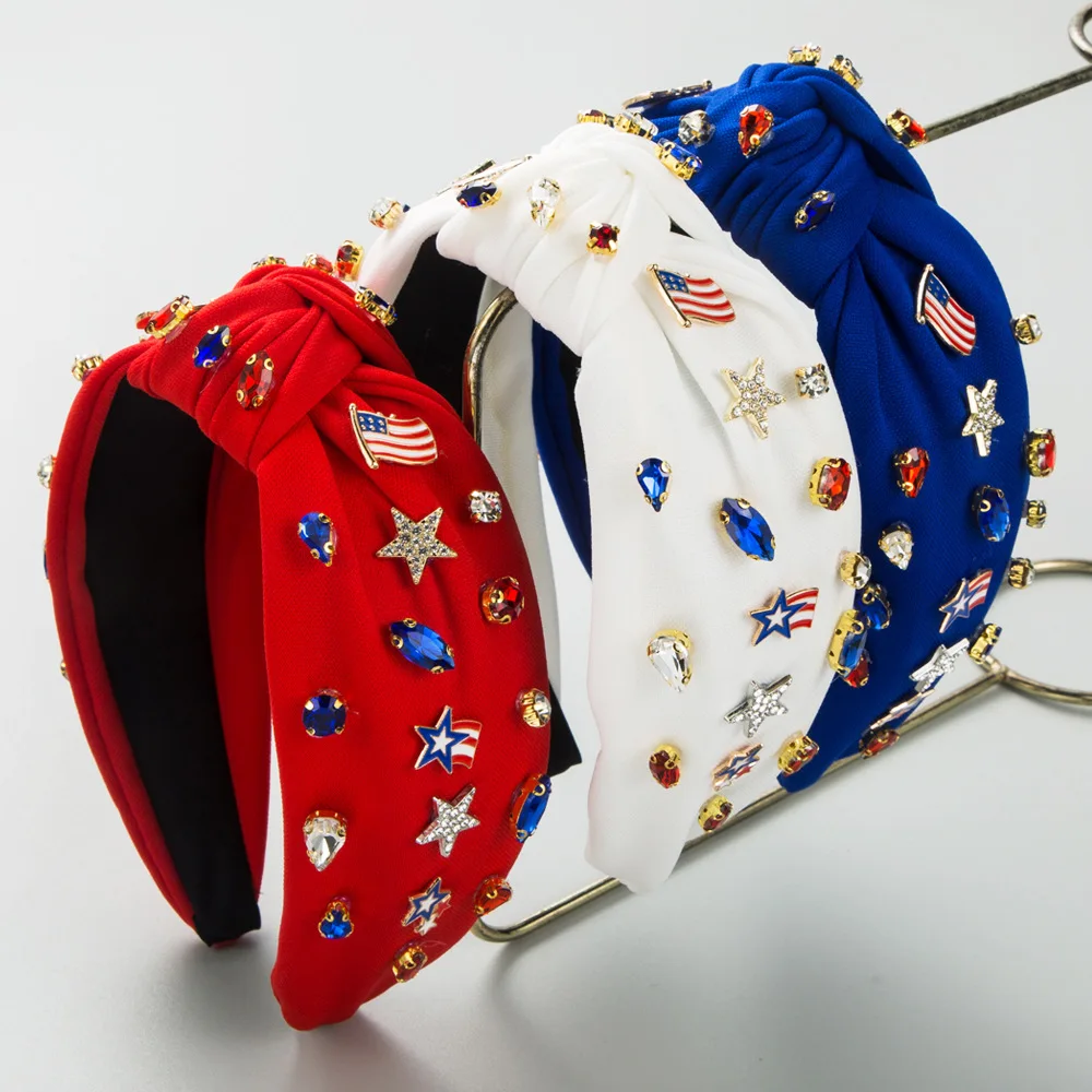 

New creative Independence Day headband knotted wide edge diamond dripping oil American flag hair accessories cross-border supply