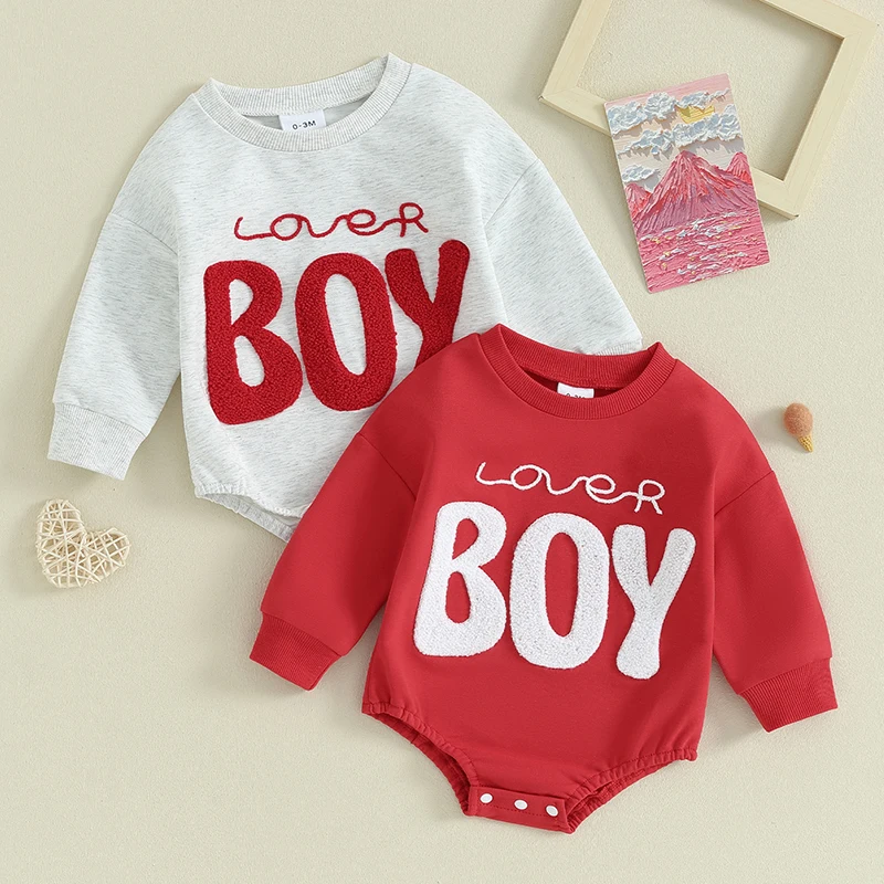 2023-11-21 Lioraitiin 0-18M Baby Boys Sweatshirts Rompers Valentine's Day Clothes Letter Fuzzy Embroidered Long Sleeve Jumpsuit