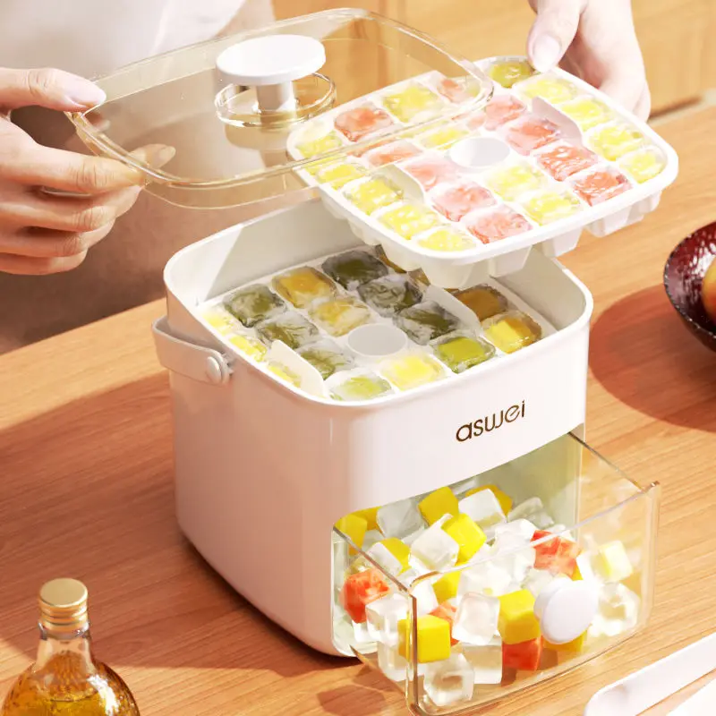 Ice making and storage in one unit! Makes up to 48 pieces of ice! Push to dispense ice to minimize contamination!
