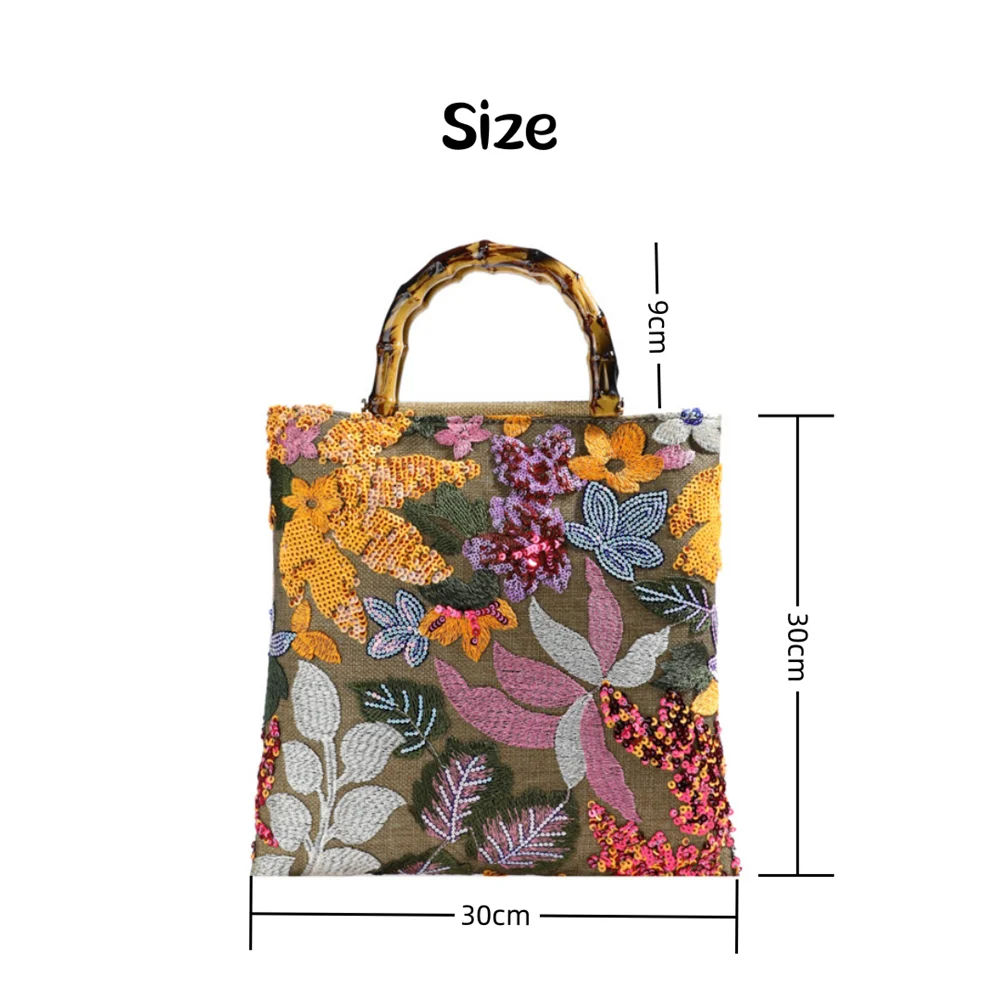 Bamboo Handle Embroidery Shopping Bag Retro Ladies Lace Weaving Tote Colorful Sequins Cotton Linen Woven Handbag with Inner Bags