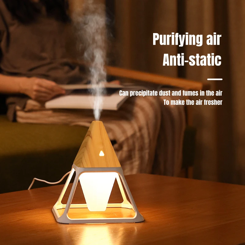 USB venatura del legno vulcano piramide umidificatore d'aria telecomando aromaterapia diffusore di olio essenziale con lampada calda diffusore di aromi