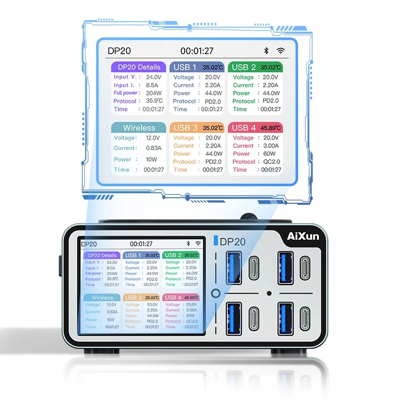 

AIXUN DP20 200W Smart Fast Charger Station with HD Display PD3.0 QC4.0 for iPhone Android Phone Repair