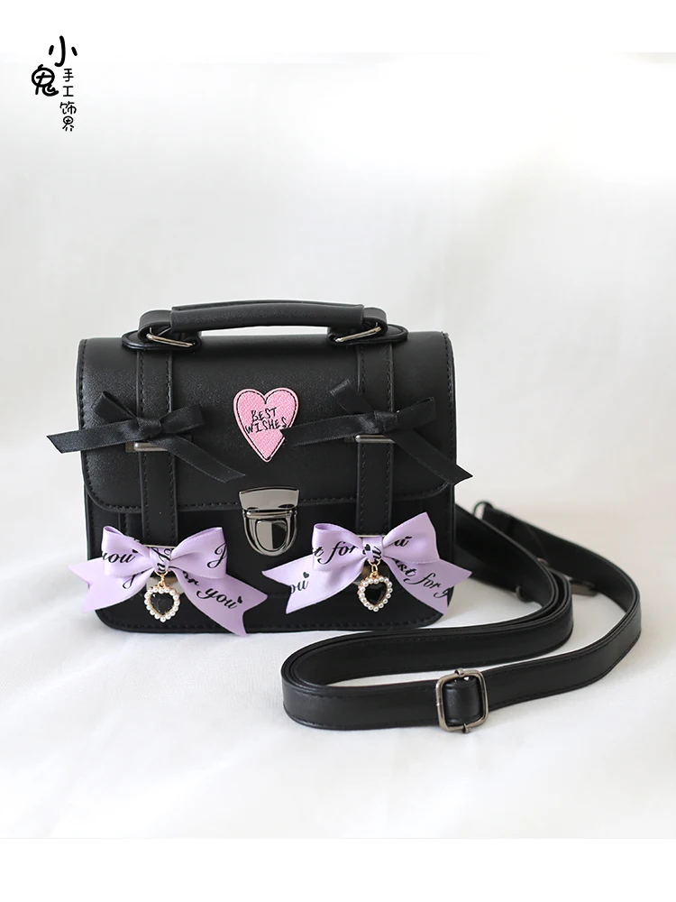 Sweet Cool Black Pink Japanese Jk Uniform Bag Lolita Bow Cambridge Bag Academy Style Cross Shoulder Postman Bag