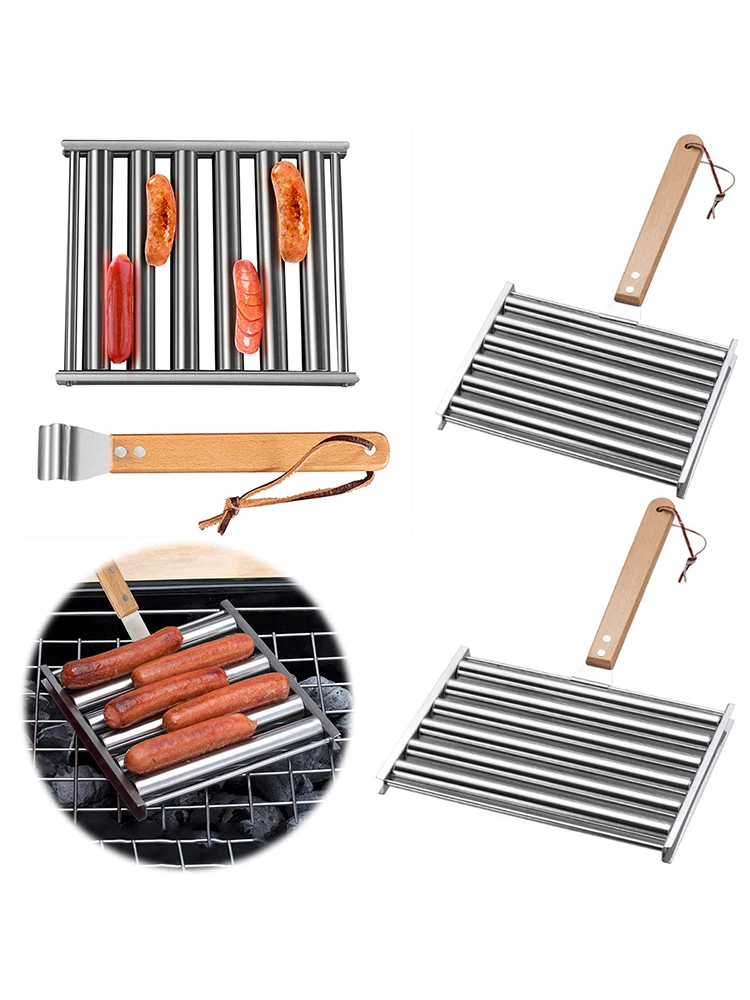 Hot Dog Roller Hot Dog Grill Roller Stainless Steel BBQ Hotdog Roller with Wooden Handle 5 Hot Dog Capacity Grill Accessories - Image 4
