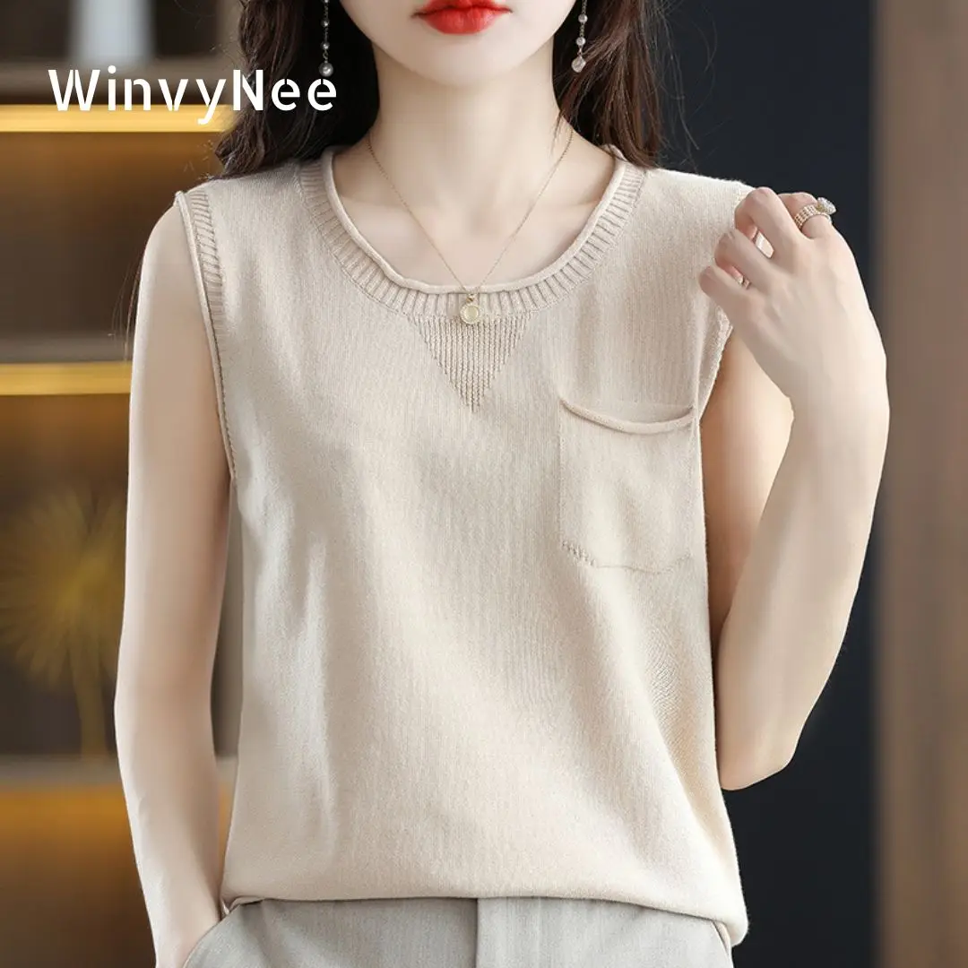 WinvyNee kaos wanita musim panas 100% katun pakaian wanita rompi leher O atasan dengan saku padat kasual Tank Top Pullover C1092003A