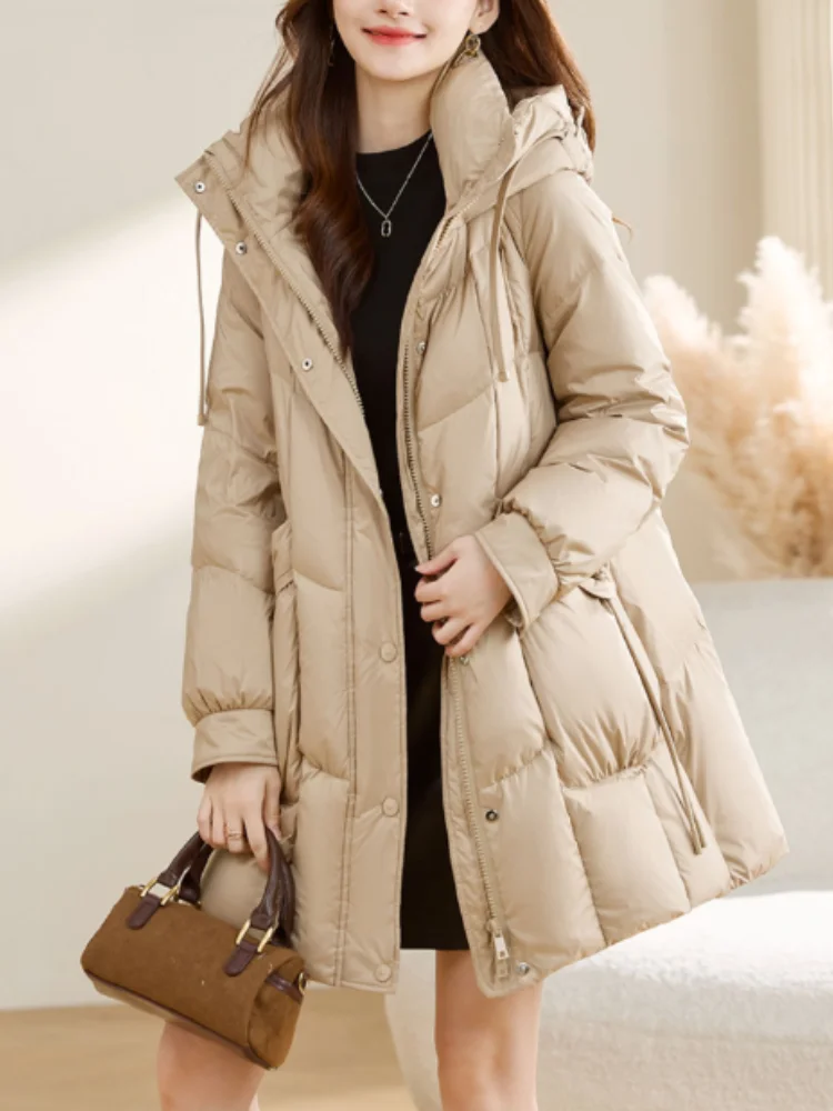 Winter Women\'s Jackets Thickened White Duck Down Down Jacket Hooded Medium-length Warm Coat Fashion Elegant Temperament Parka