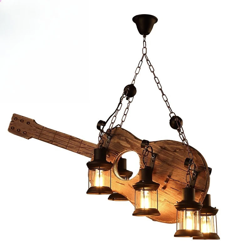 

Retro Industrial Style Restaurant Cafe Bar Bar Personality Creative Guitar Six Head Wood Chandelier