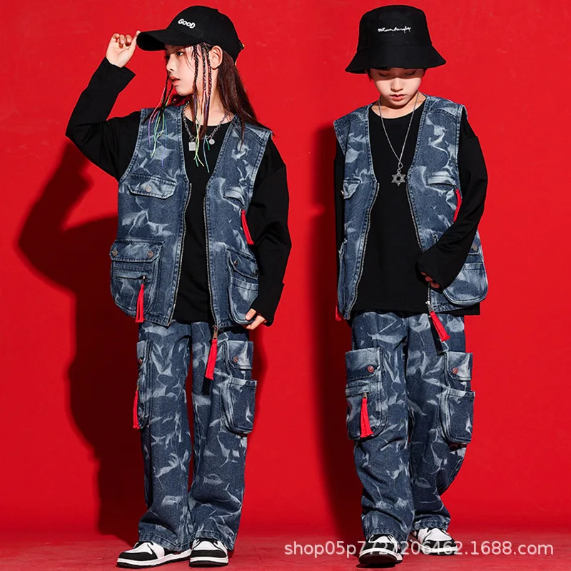 

2023 Hip Hop Dance Costumes For Kids Loose Denim Vest Set Boys Jazz Dance Streetwear Girls Performance Stage Clothes DQS14429