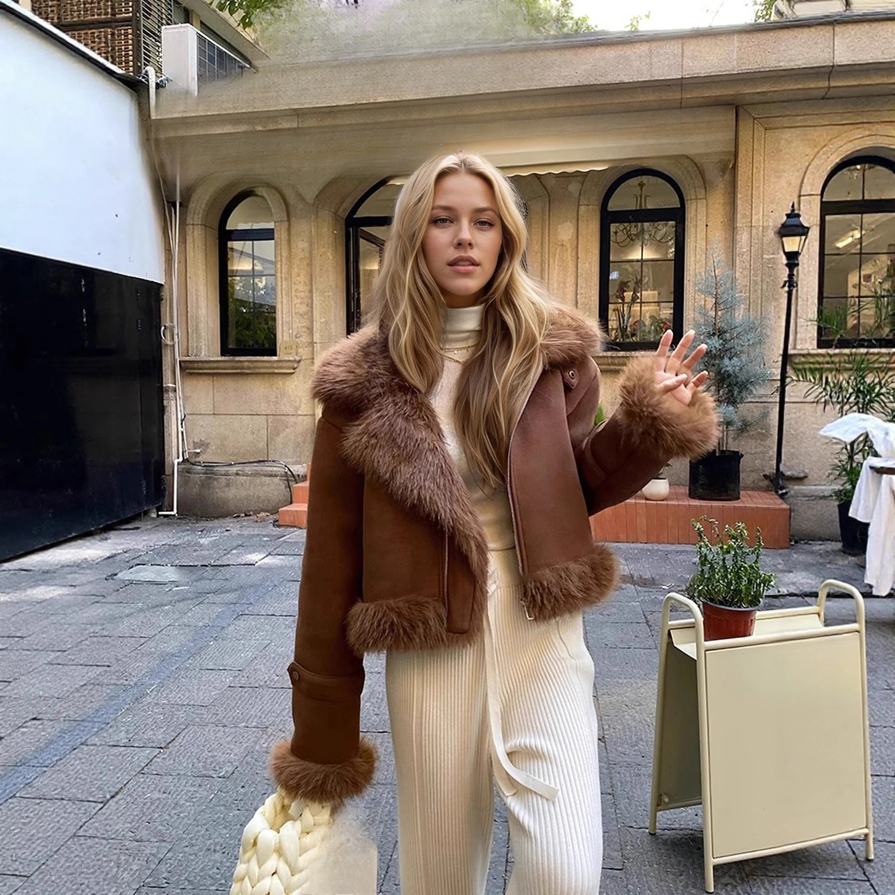 YYAHAHAS Faux Fur Shearling Jacket Women Short Biker Coat Pu Leather Motorcycle Outwear Winter Thick Warm High Street
