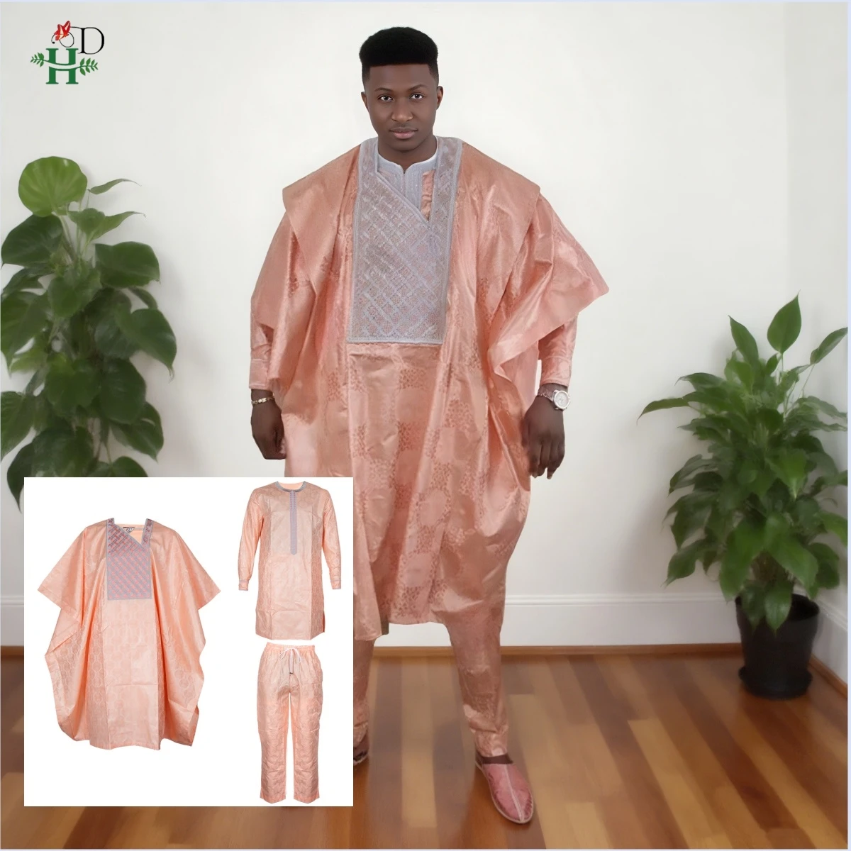 

African Clothing For Men Traditional Bazin Riche Embroidery Design Top Pant Long Sleeve Pink 3 Piece Set Muslim Abaya Thobe 2025