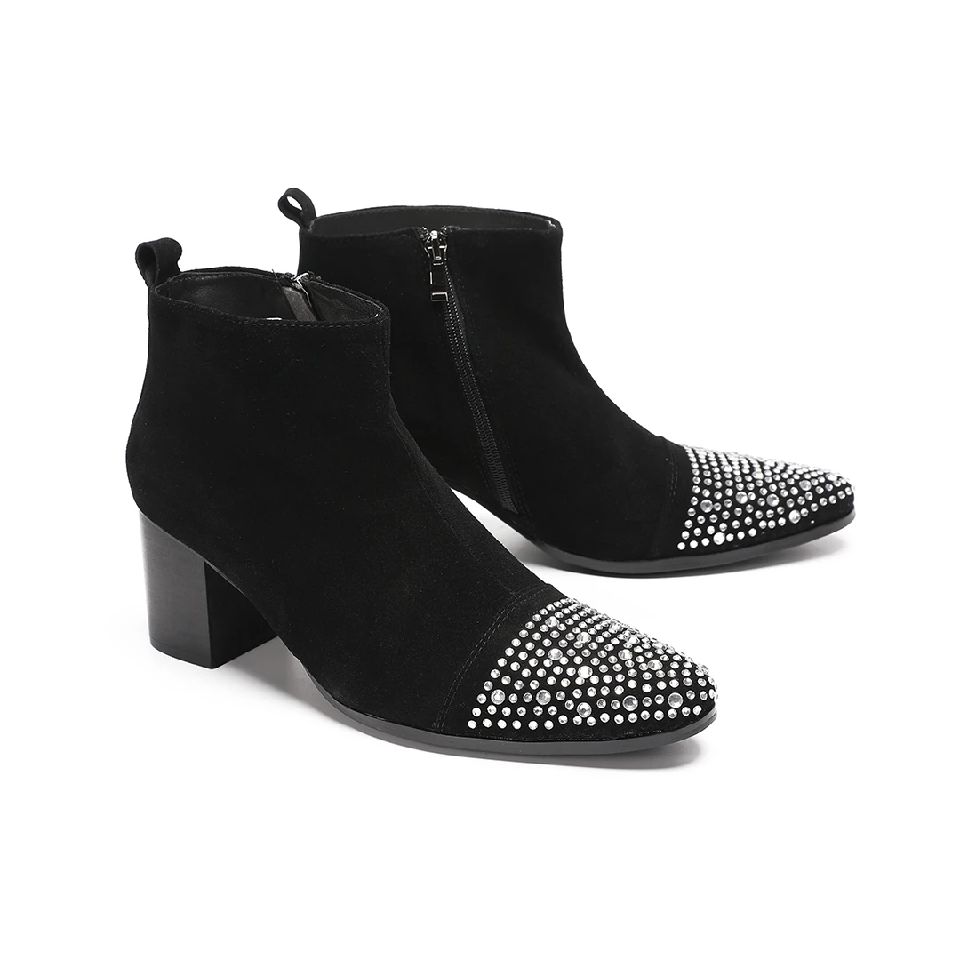 Male suede Leather Rhinestone High Heel Ankle Boots men Zipper Black pointed Toe Night Club Party short boots Plus Size Shoes - view 2