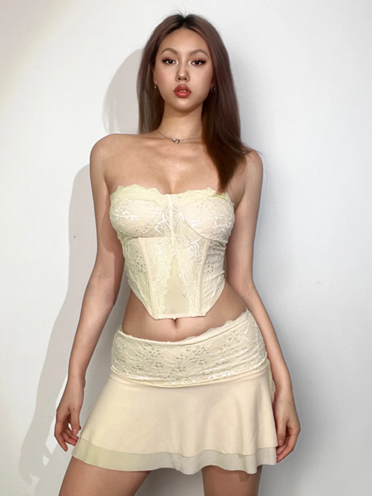 Weird Puss Pure Desire Sle Unregelmäßiges, enges Crop-Top und Ort-Rock-Set für Damen, Faion Low Waist Schlankheits-Outfit-Set