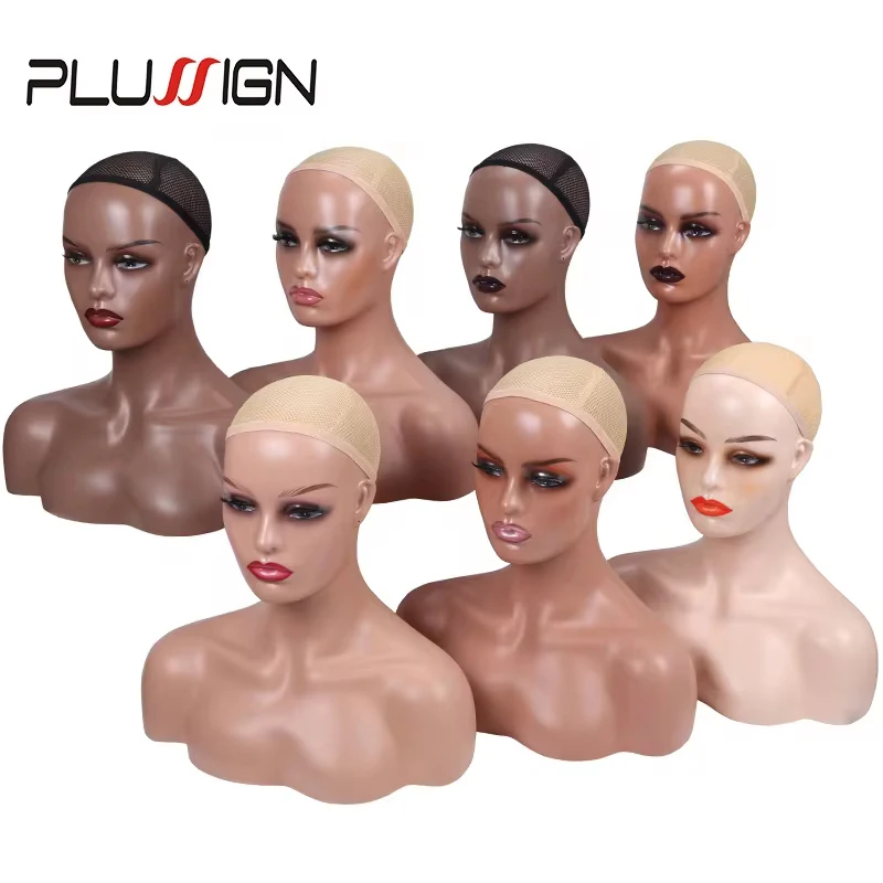 Wholesale 4Pcs/Box Female Realistic Mannequin Head With Shoulders African Wig Display Model Dark Brown Doll Head For Hat Glasses