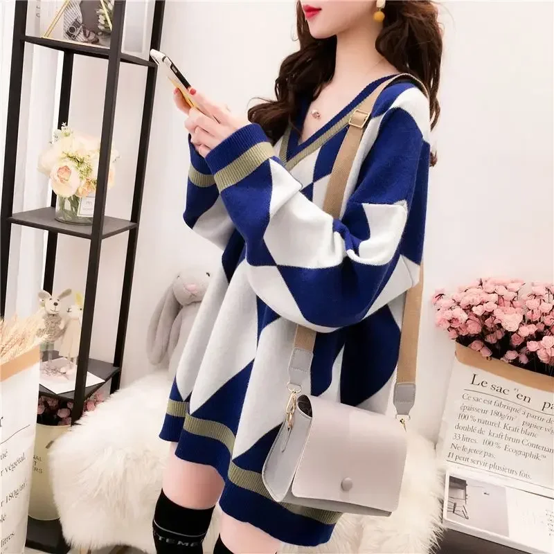 

Autumn and Winter High-end Westernized Versatile V-neck Diamond Checkered Printed Color Blocking Super Oversized Sweater PH361