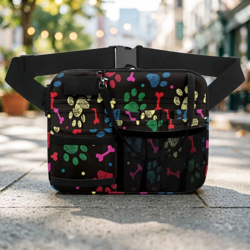 

Cute Dog Paw Print Waist Pack, Multi-Pocket Pet Grooming Fanny Pack, Adjustable Strap Organizer for Vet Groomer