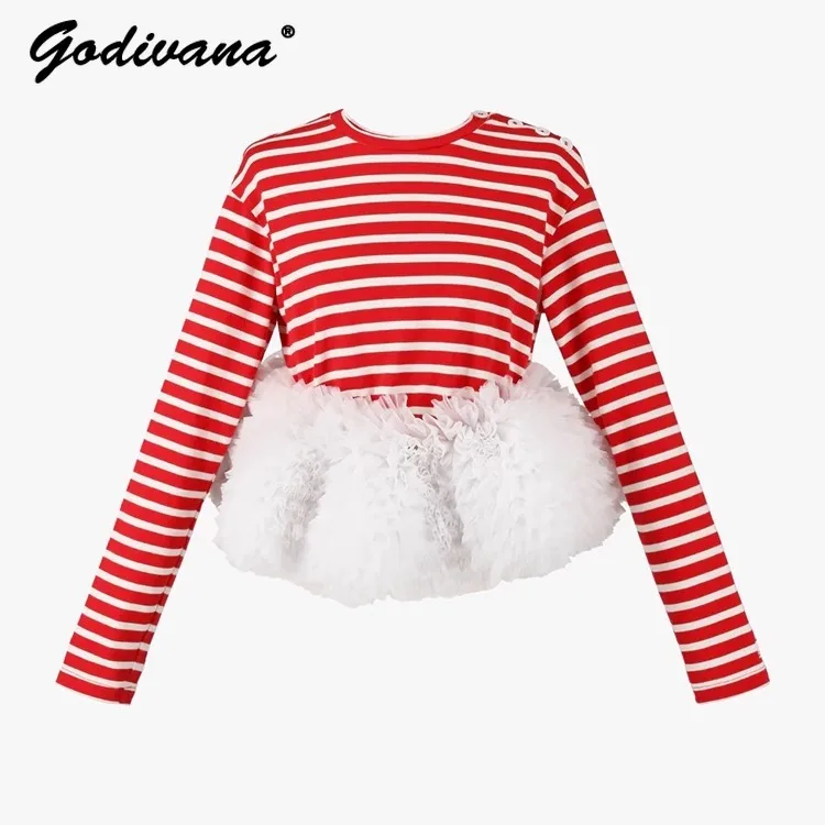 Japanese New Heavy Industry Fluffy Pleated Yarn Splicing Striped T-shirt Crew Neck Long Sleeve Women's Sweet Puffy Short Top