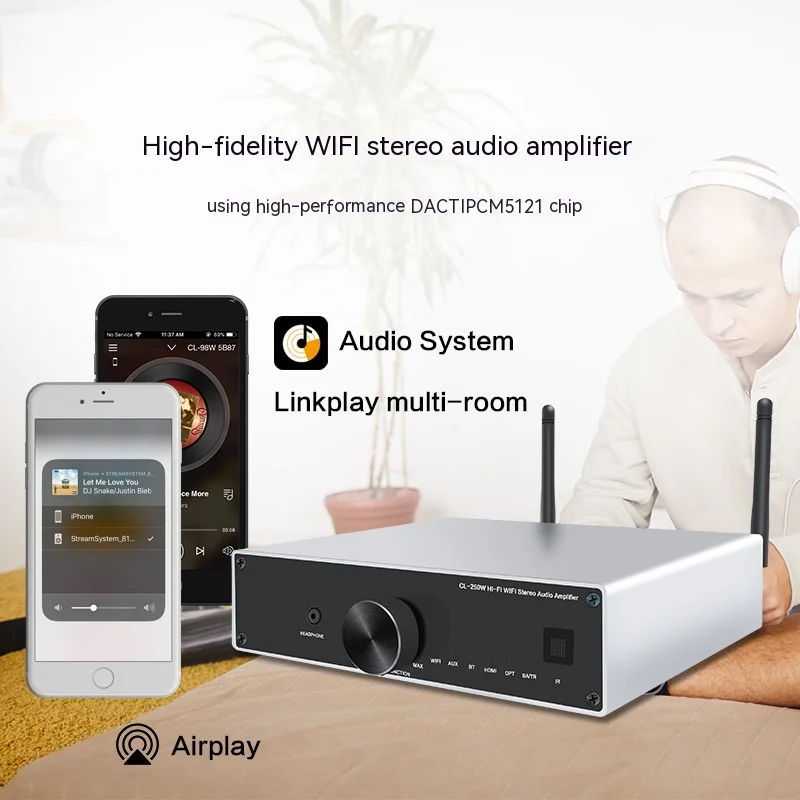 EGOLDEN Ariplay HiFi Stereo WiFi BT DLNA DLNA, iHeartRadio, TIDAL, Napster, Qobuz, Deezer Line in Multi-Room Amplifier