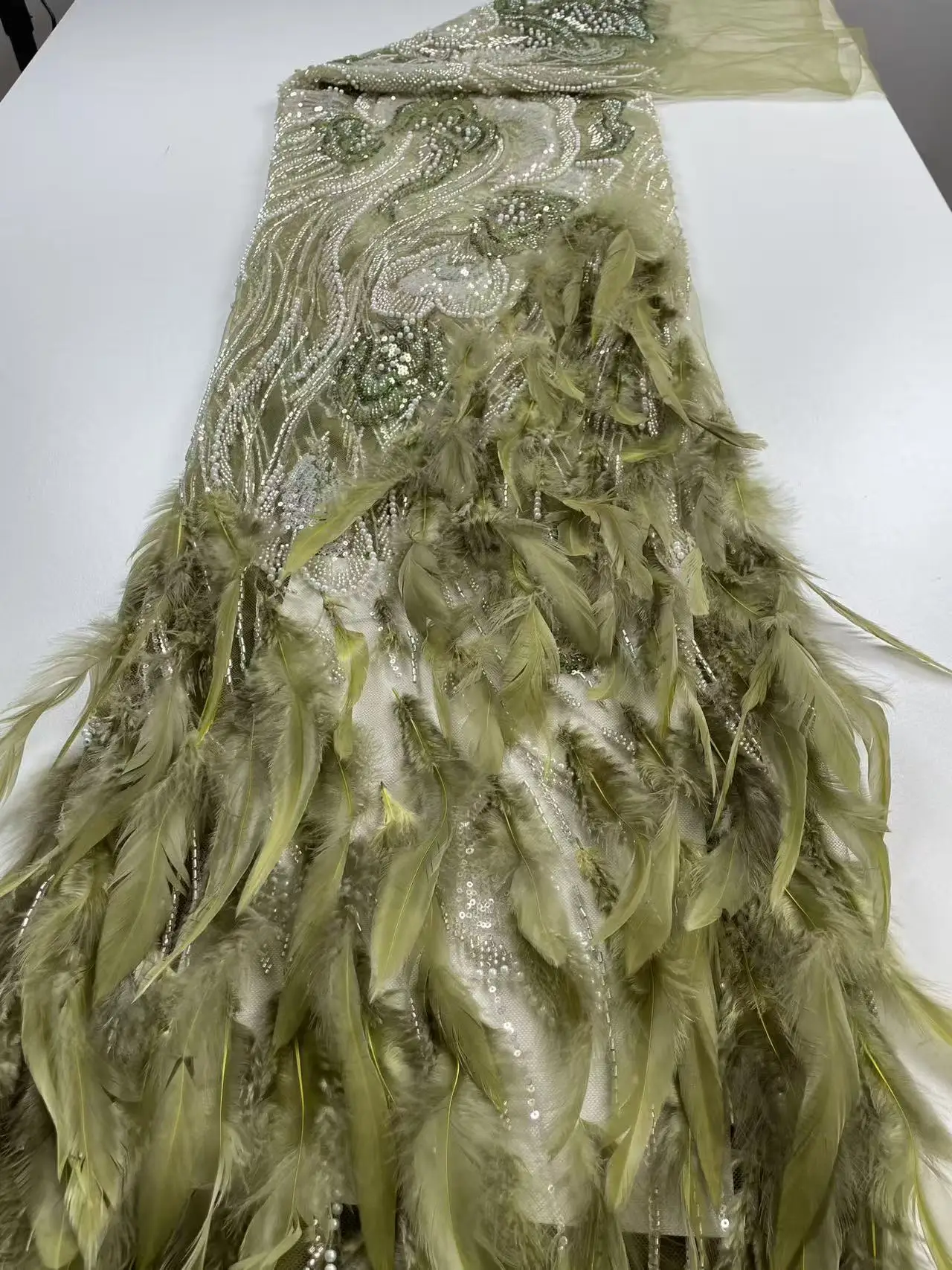 Luxury African Sequins Beaded Lace Fabric High Quality Embroidery 3d Feather French Nigerian For Wedding Sewing Material