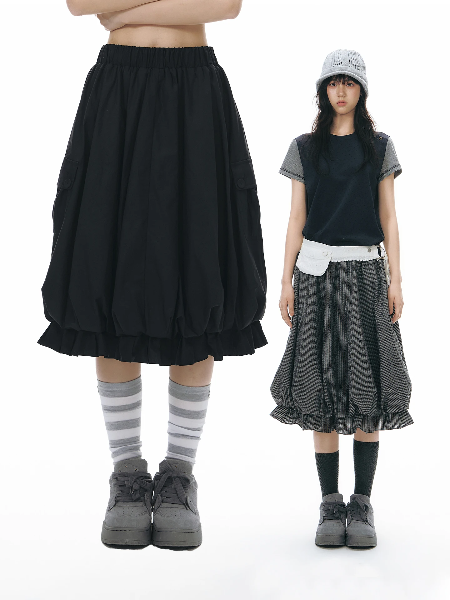 NAPSNAPS Original Workwear Large Pocket Bloom Skirt Women's Summer Design Loose Elastic Waist Midi Length Half Skirt