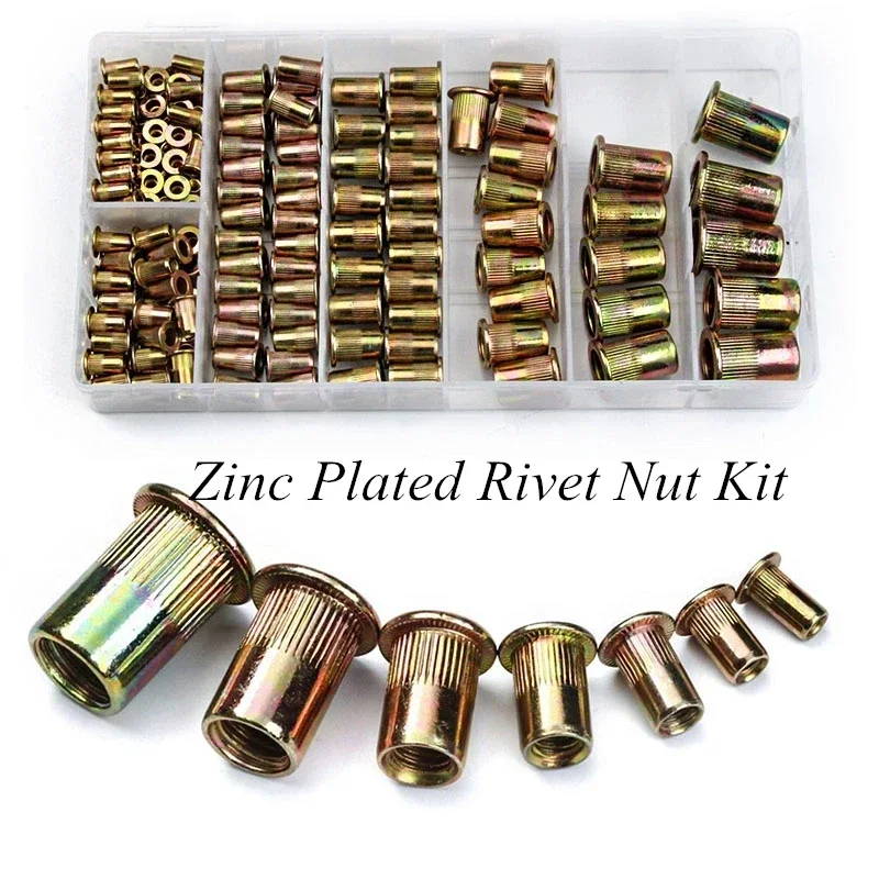 

165/210Pcs Zinc Plated Knurled Nuts Rivnut Flat Head Threaded Rivet Insert Nutsert Cap Rivet Nut Assortment Kit M3-M12