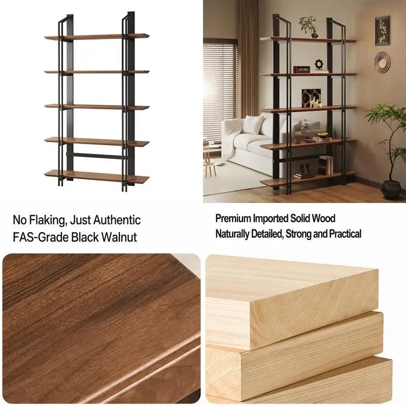 Modern Industrial 5 Tier Bookshelf Solid Walnut Wood Metal Frame Durable Storage Rack for Home Office Living Room