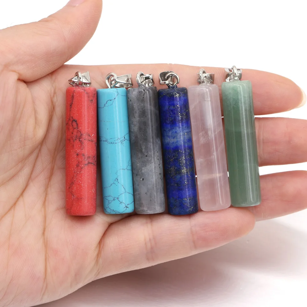 10x43mm Cylinder Shape Pendant Natural Stone Crystal Amethyst Agate Quartz Charms for Jewelry Making DIY Necklace Accessories