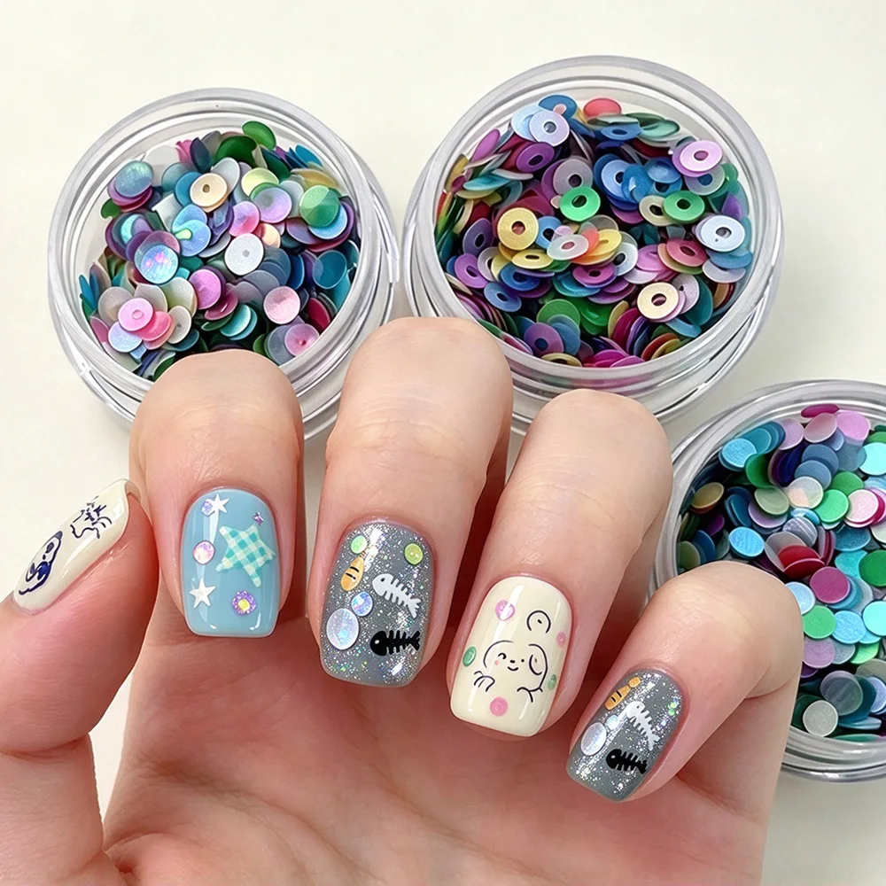 1Box Iridescent Circular Ring Nail Glitter Sequins 2/3/4mm Polka Dots Nails Flakes Decoration Dreamy Dopamine Manicure Accessory