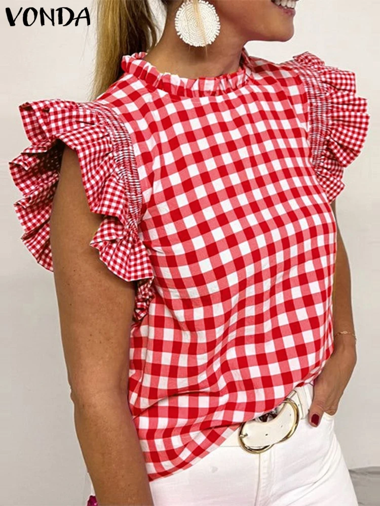 VONDA Women Plaid Tops 2025 Summer Short Sleeve Blouse Vintage Patchwork Ruffled Casual Shirts Loose Elegant Streetwear Blusas