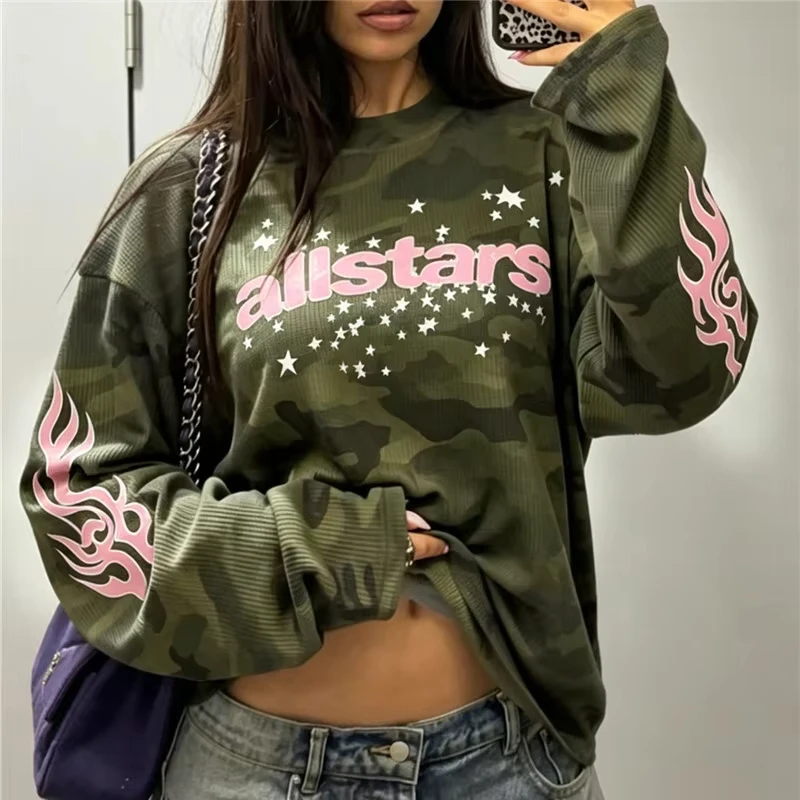 Siren Chic Oversized Camo Waffle Long Sleeve Top For Women Allstars Text Scattered Star Arm Print Three Tone Y2K Casual T Shirt