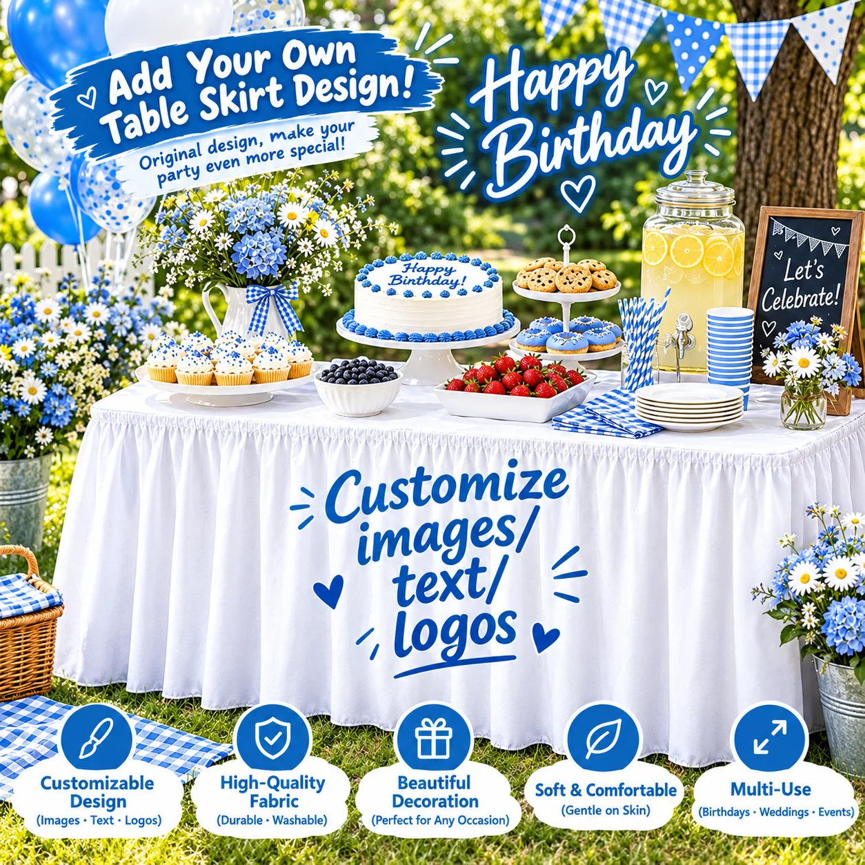 Customizable Table Skirt and Tablecloth with Smooth Fabric, Suitable for Parties, Birthdays, Banquets, and Other Festive Events