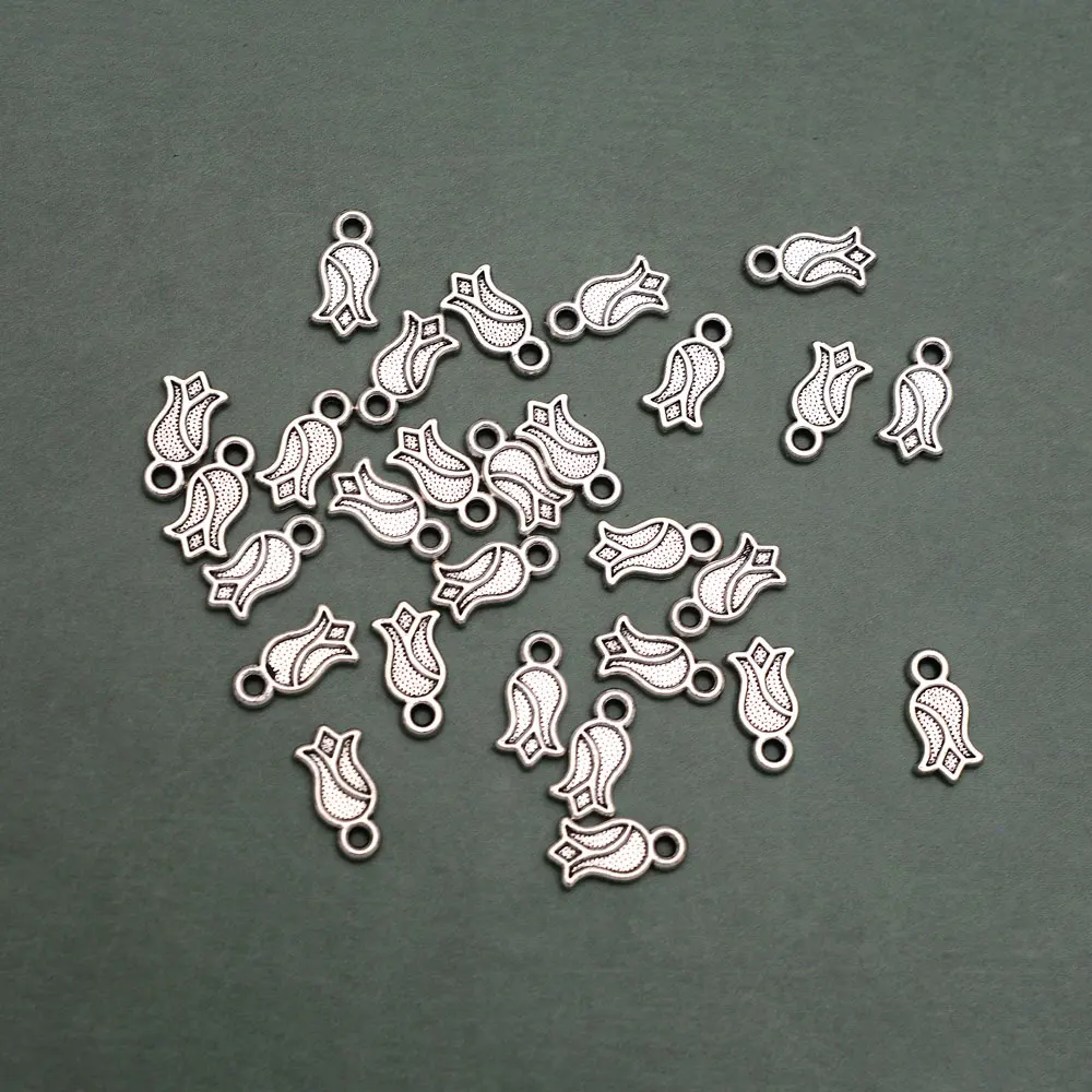 100pcs/lot--5x12mm Antique Silver Plated Flower Charms Tulip Pendants For DIY Jewelry Making Supplies Materials Wholesale Dealer