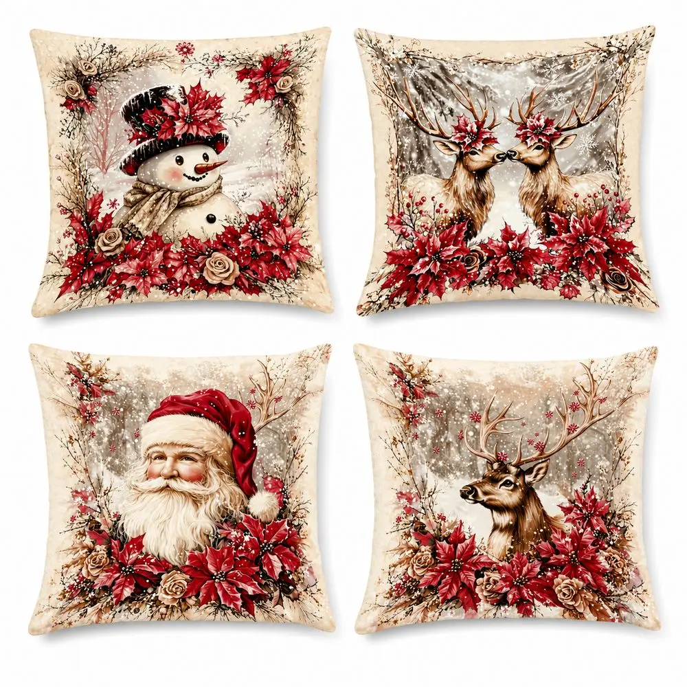 Short Christmas Pillow Cover Soft Texture Festive Print Decorative Cushion Cover Square Shape Hidden Zipper Throw Pillow Cover