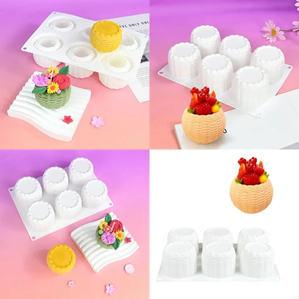 

R66A Flower Basket Designs 6 Cavity Silicone Molds For Mousse Cake Chocolate Baking Easy Releases Mould