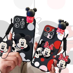 Coque 3D Cartoon Disney Minnie TureMouse, iPhone 16, 15, 14 Plus, 13, 12 Mini, 11 Pro Max, Support de téléphone, Lanyard Strap Cover