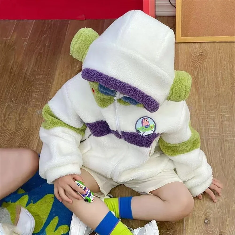 Disney Toy Story Buz Lightyear Cosplay Hooded Cartoon Winter Warm Long Sleeve Loose Lamb Wool Coat Cool Kids Adult Plush Jacket