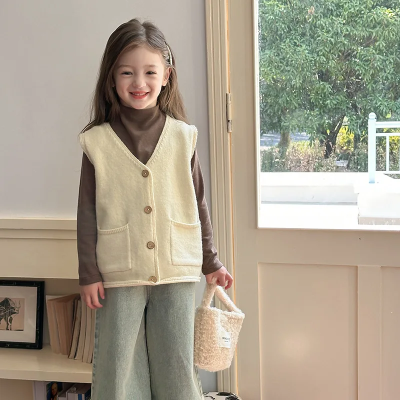 Children Clothes Girls Temperament Korean Style Casual Sweater Vest Autumn Warm Solid Color Casual Simple Knit Cardigan Vest image 2
