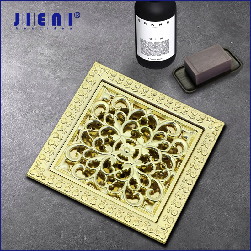 

JIENI, 12*12 см, золотой Слив для пола, цветок, вырезанный квадратный Слив для душа, Искусство ванной комнаты, фотосток со съемной сеткой