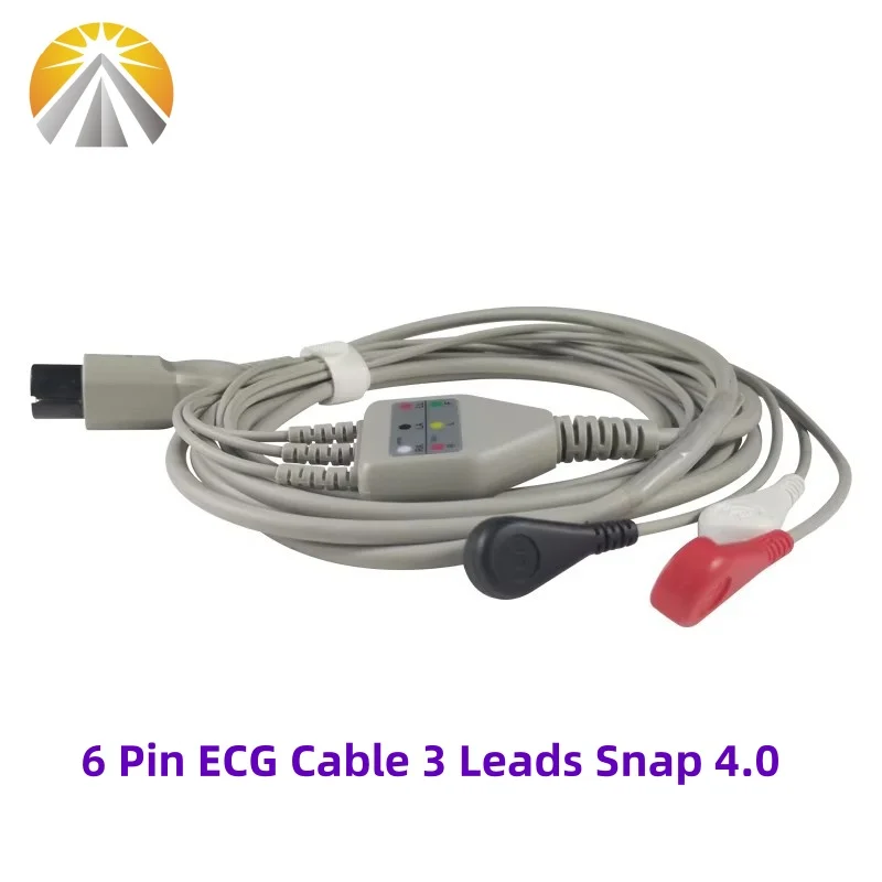 AAMI 6 Pin 3 Leads ECG Cable One Piece Snap 4.0 AHA Standard for Multi Brand Patient Monitor Mindray Carewell Edan Biolight CSI