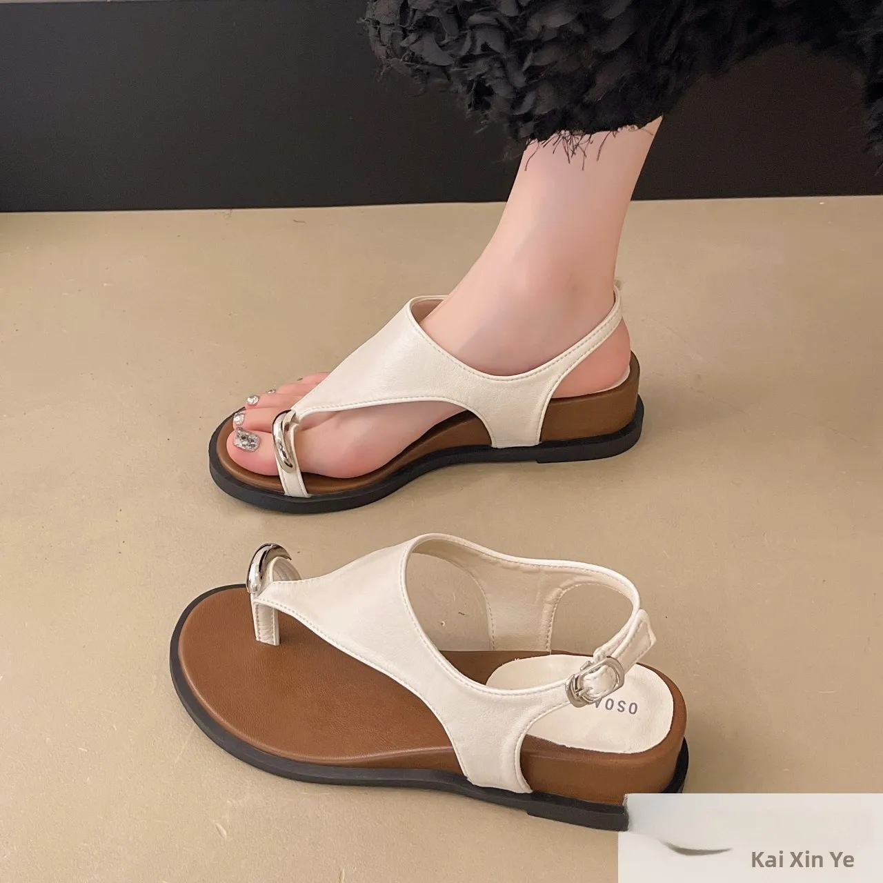 Comfortable Leather Toe-Covering Sandals Women's Fairy Style Open-Toe Soft Bottom Roman Shoes Fashionable Korean Style Flat Heel