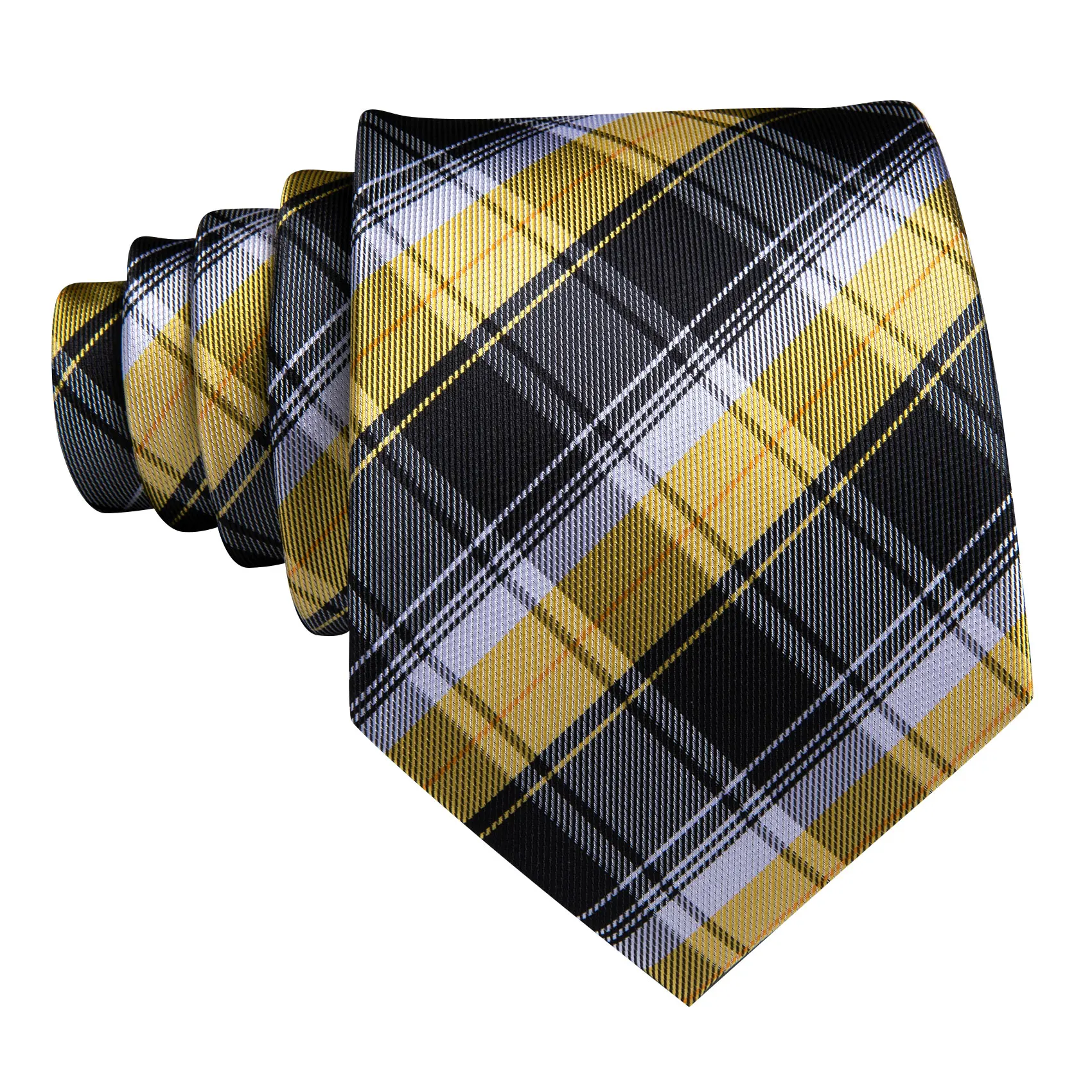 Classic Black Yellow Silk Tie For Men With Pocket Square Cufflink Set Plaid Woven Necktie Business Designer Party Barry.Wang