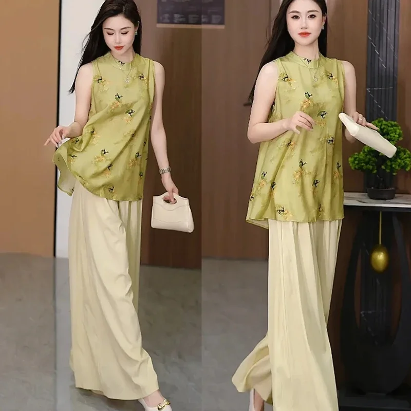 

Printed Top wide-leg pants suit Women 2025 Chinese style summer new Elegant sleeveless two-piece suit O-neck loose clothing Y2K