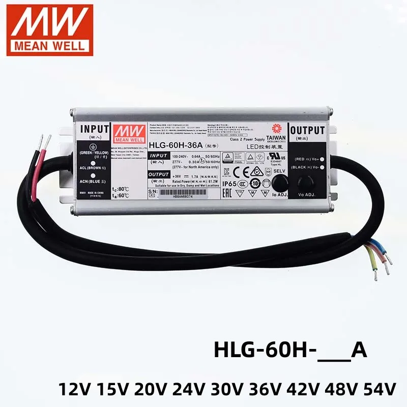 MEAN WELL LED driver HLG-60H A Type 60W LED Switch Power Supply 12V 15V 20V 24V 30V 36V 42V 48V 54V waterproof Adjustable PSU